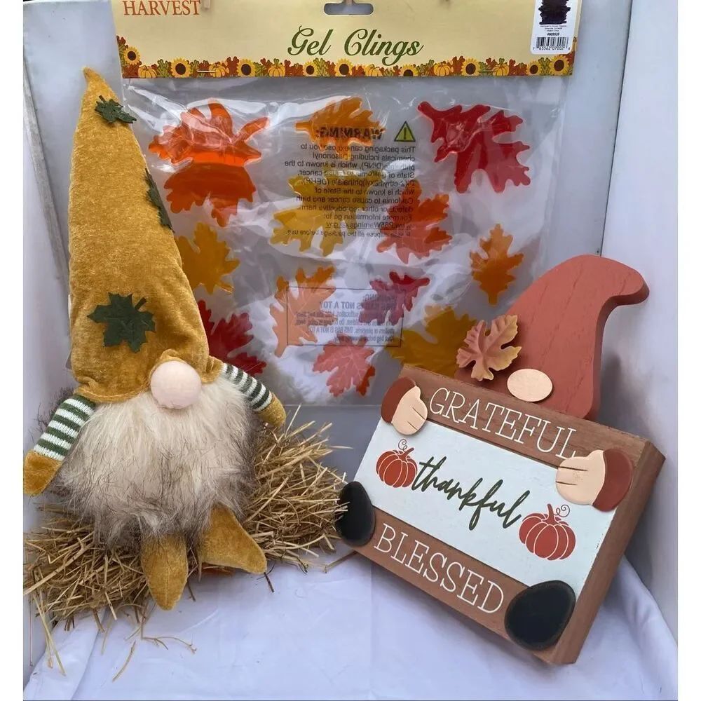 🍂 Fall Harvest Gnome Décor Bundle – Light-Up Plush, Wooden Sign & Gel Window Cl